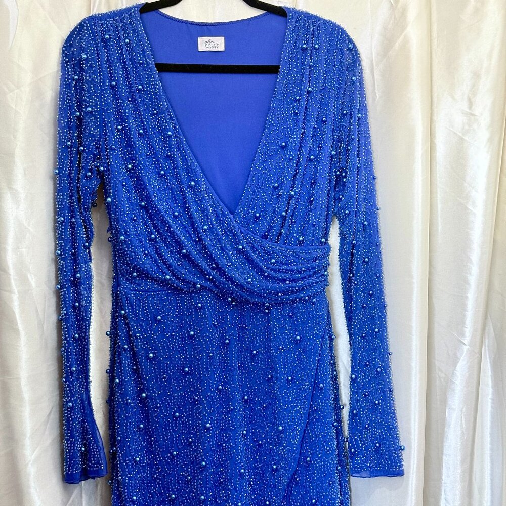 Oh Polly Women’s | Chelsea Pearl Embellished Wrap Mini Dress Dark Blue | US 8 - Picture 2 of 4